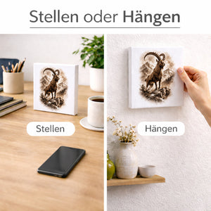 Wild and Free Steinbock Berge Holzbild in 10x10 cm zum Stellen oder Aufhängen