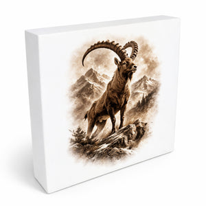Wild and Free Steinbock Berge Holzbild in 10x10 cm zum Stellen oder Aufhängen