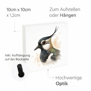 Vogelparade Kiebitz Porträt Holzbild in 10x10 cm zum Stellen oder Aufhängen