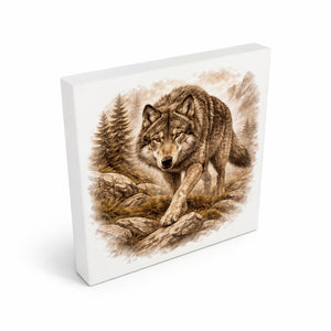 Wolfsmagie Wolf in Bergen Holzbild in 10x10 cm zum Stellen oder Aufhängen