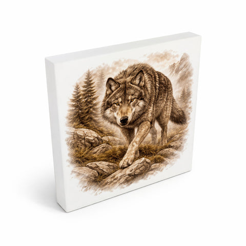 Wolfsmagie Wolf in Bergen Holzbild in 10x10 cm zum Stellen oder Aufhängen