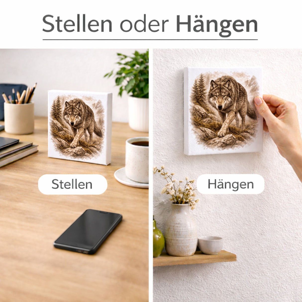 Wolfsmagie Wolf in Bergen Holzbild in 10x10 cm zum Stellen oder Aufhängen