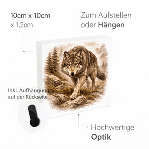 Wolfsmagie Wolf in Bergen Holzbild in 10x10 cm zum Stellen oder Aufhängen