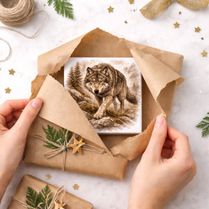 Wolfsmagie Wolf in Bergen Holzbild in 10x10 cm zum Stellen oder Aufhängen
