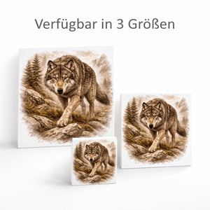Wolfsmagie Wolf in Bergen Holzbild in 10x10 cm zum Stellen oder Aufhängen