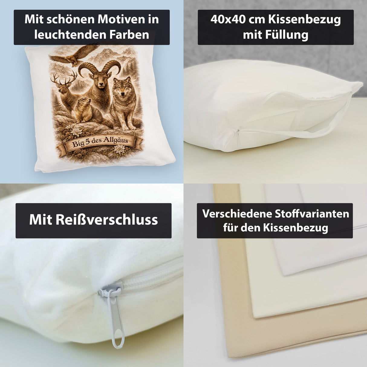 Big 5 des Allgäus Kissen mit Tiermotiven