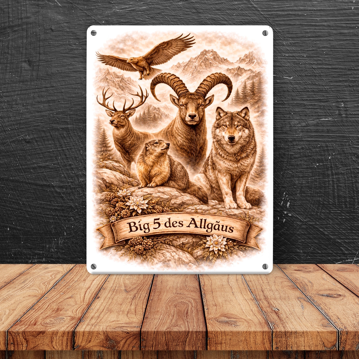 Big 5 des Allgäus Metallschild in 15x20 cm mit Tiermotiven