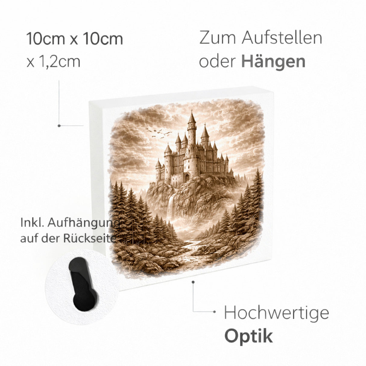 Kämpferisches Erbe Märchenschloss Holzbild in 10x10 cm zum Stellen oder Aufhängen