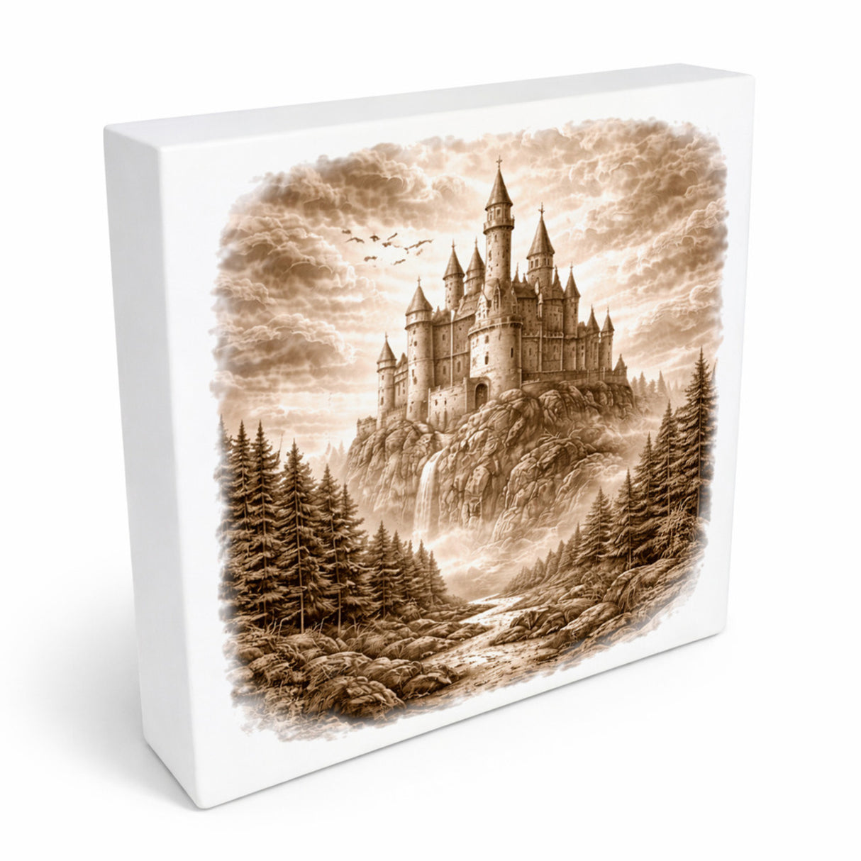 Kämpferisches Erbe Märchenschloss Holzbild in 10x10 cm zum Stellen oder Aufhängen