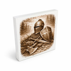 Kämpferisches Erbe Mittelalterliche Waffenrüstung Holzbild in 10x10 cm zum Stellen oder Aufhängen