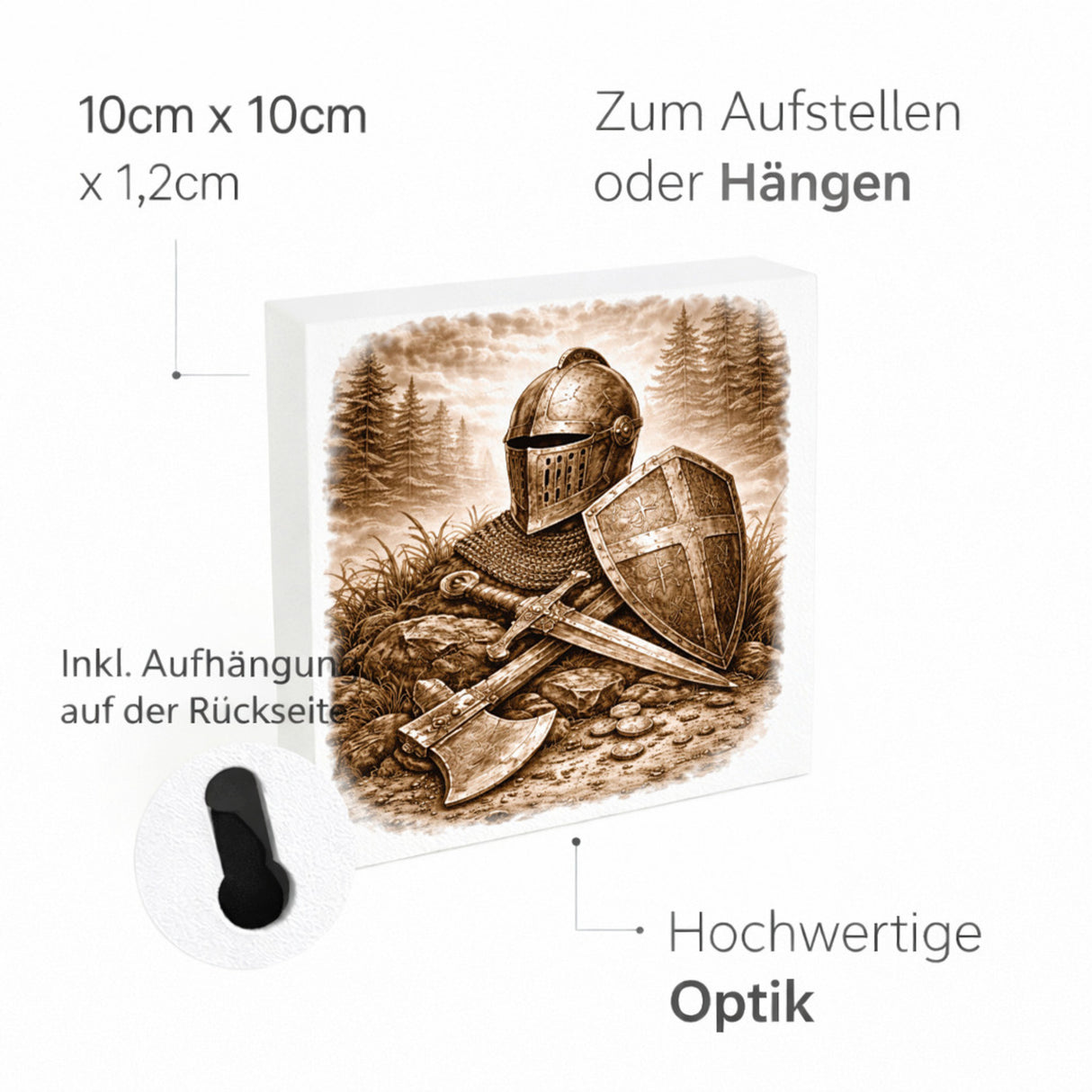 Kämpferisches Erbe Mittelalterliche Waffenrüstung Holzbild in 10x10 cm zum Stellen oder Aufhängen