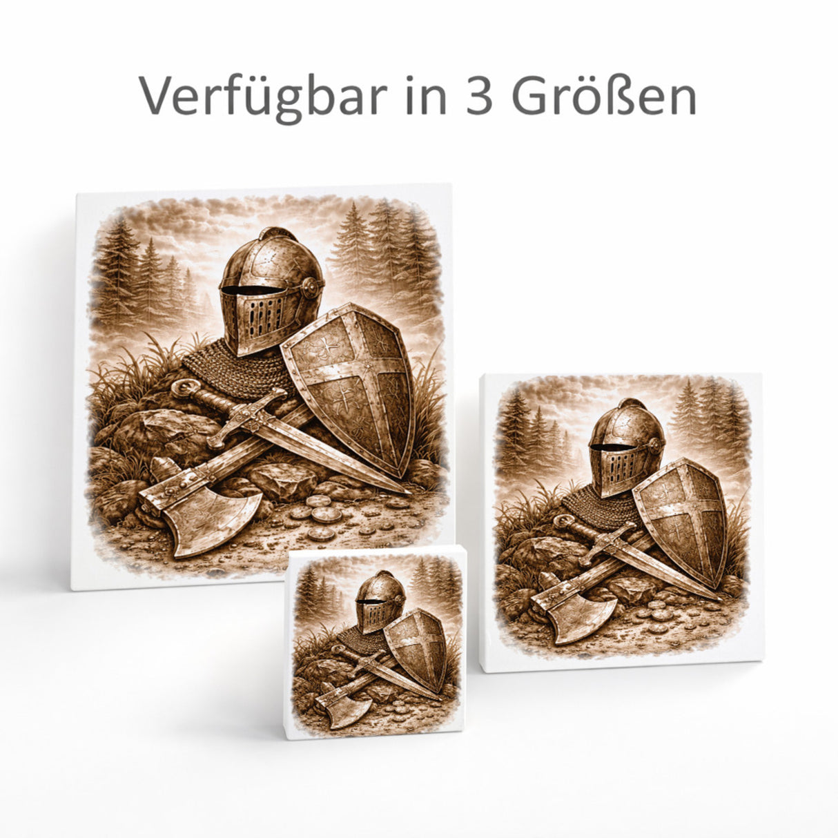 Kämpferisches Erbe Mittelalterliche Waffenrüstung Holzbild in 10x10 cm zum Stellen oder Aufhängen