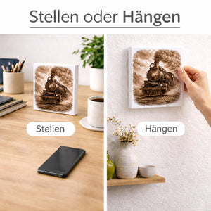 Vintage Energy Dampflok Holzbild in 10x10 cm zum Stellen oder Aufhängen