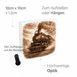 Vintage Energy Dampflok Holzbild in 10x10 cm zum Stellen oder Aufhängen