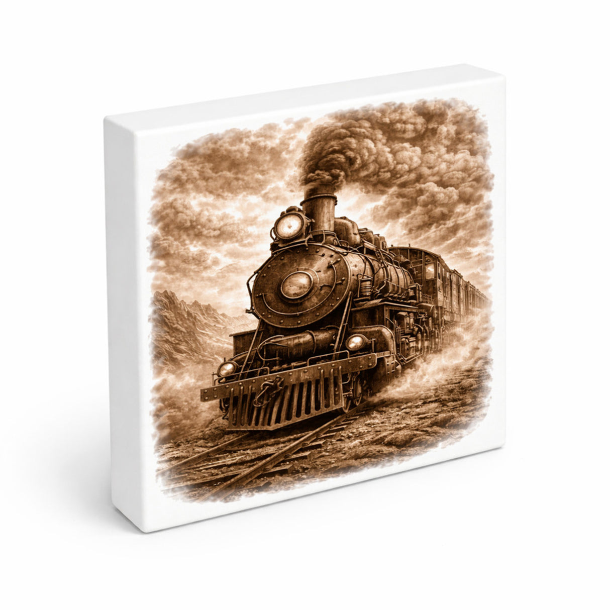 Vintage Energy Dampflok Holzbild in 10x10 cm zum Stellen oder Aufhängen