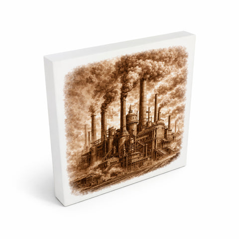 Vintage Energy Industrieanlage Rauch Holzbild in 10x10 cm zum Stellen oder Aufhängen