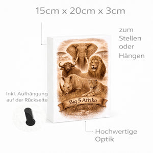Big 5 Afrika Holzbild in 20x15 cm zum Stellen oder Aufhängen mit Tiermotiven