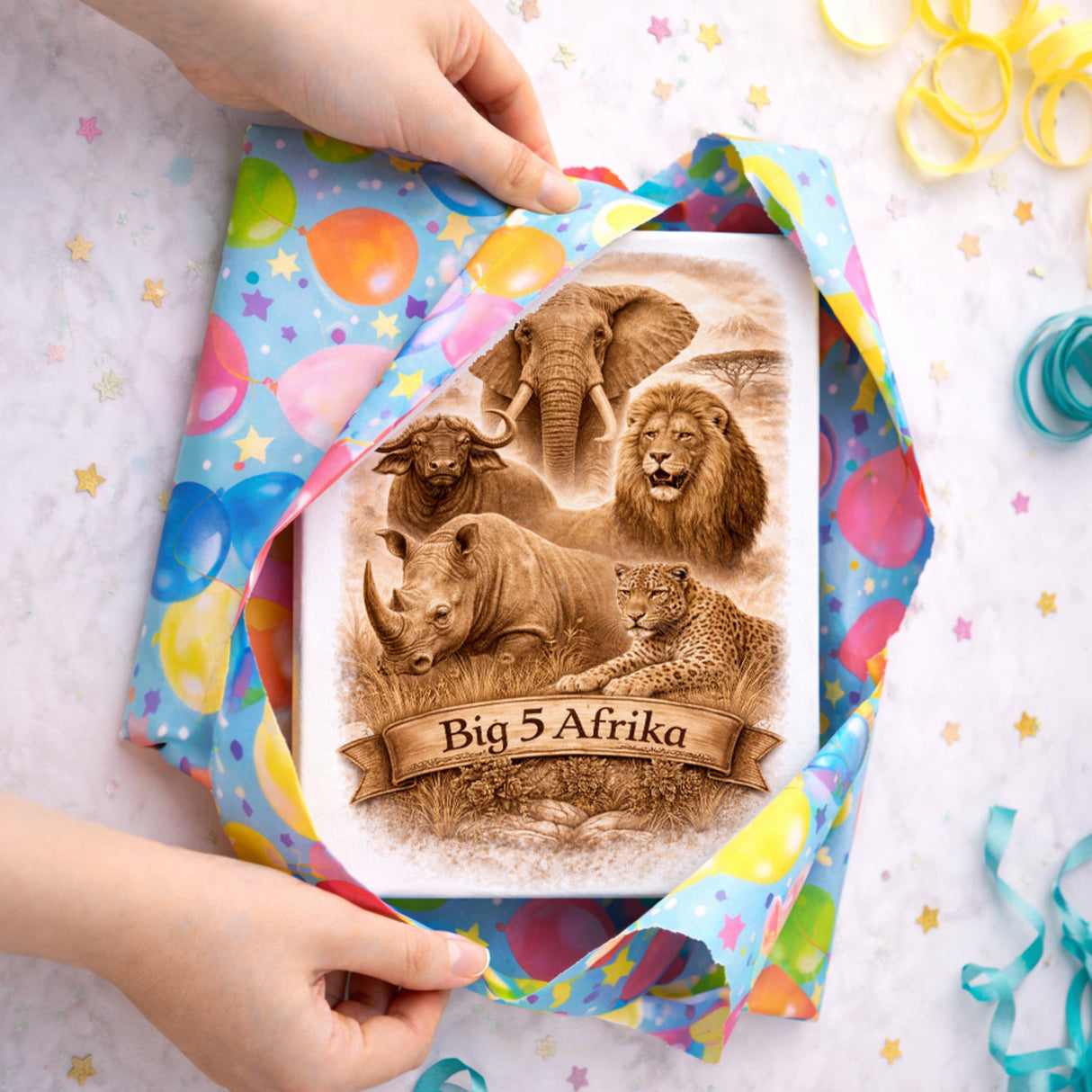 Big 5 Afrika Holzbild in 20x15 cm zum Stellen oder Aufhängen mit Tiermotiven