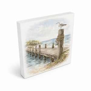 Inselträume Möwe am Steg Holzbild in 10x10 cm zum Stellen oder Aufhängen