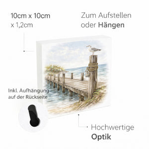 Inselträume Möwe am Steg Holzbild in 10x10 cm zum Stellen oder Aufhängen