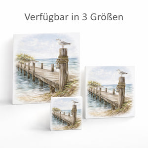 Inselträume Möwe am Steg Holzbild in 10x10 cm zum Stellen oder Aufhängen