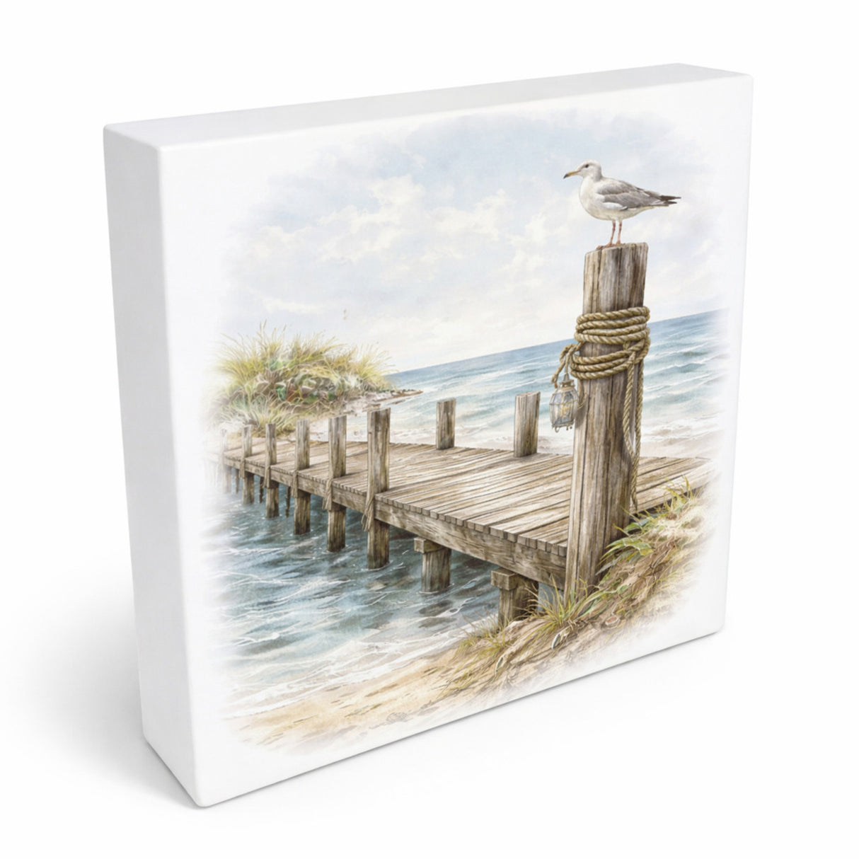 Inselträume Möwe am Steg Holzbild in 10x10 cm zum Stellen oder Aufhängen