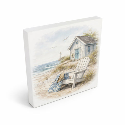 Inselträume Strandhaus am Meer Holzbild in 10x10 cm zum Stellen oder Aufhängen