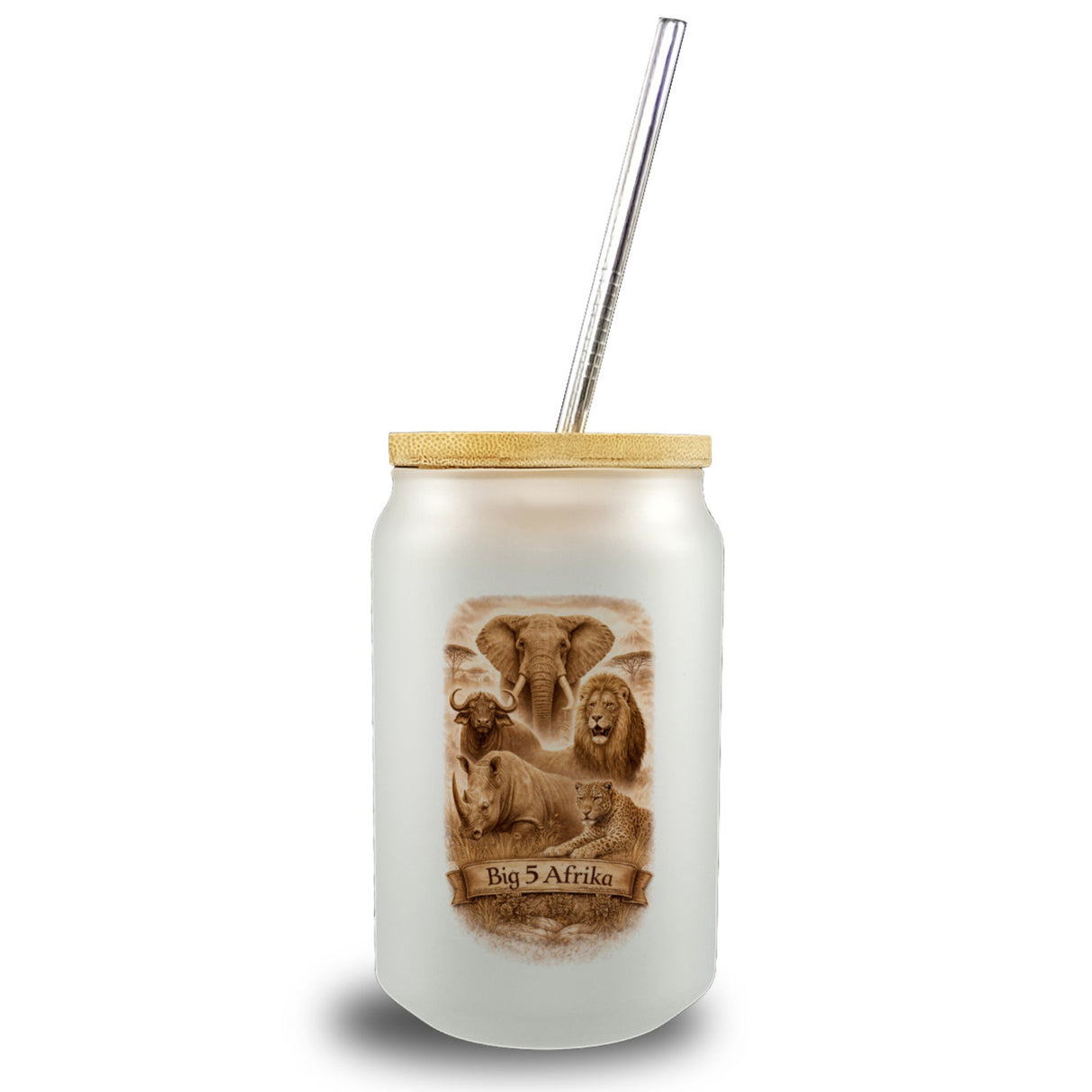 Big 5 Afrika Trinkglas mit Bambusdeckel mit Tiermotiven