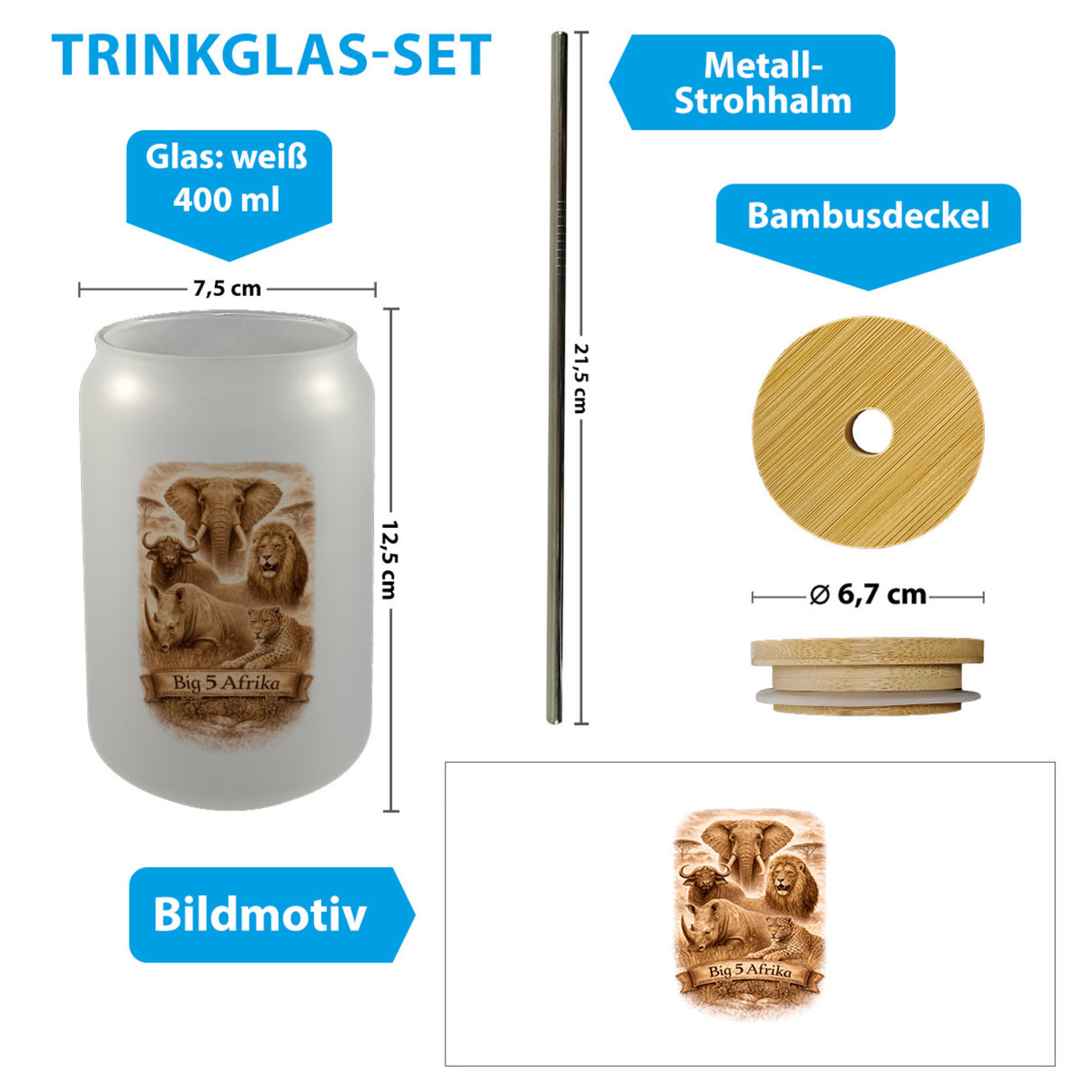 Big 5 Afrika Trinkglas mit Bambusdeckel mit Tiermotiven