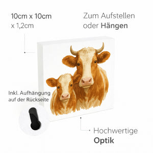 Kuh Familie Kuh und Kalb Holzbild in 10x10 cm zum Stellen oder Aufhängen