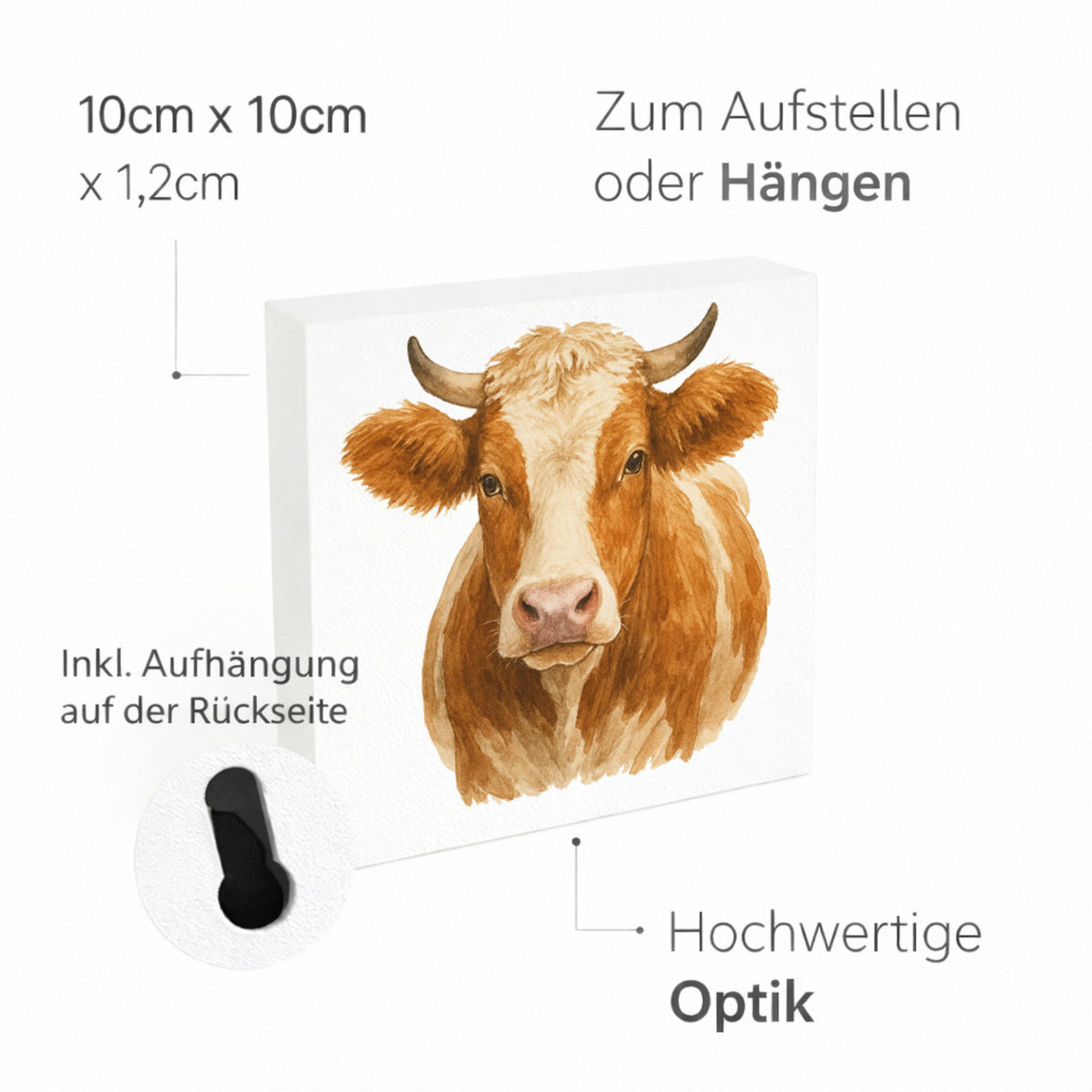 Kuh Familie Kuhportrait Aquarell Holzbild in 10x10 cm zum Stellen oder Aufhängen