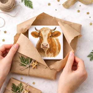 Kuh Familie Kuhportrait Aquarell Holzbild in 10x10 cm zum Stellen oder Aufhängen