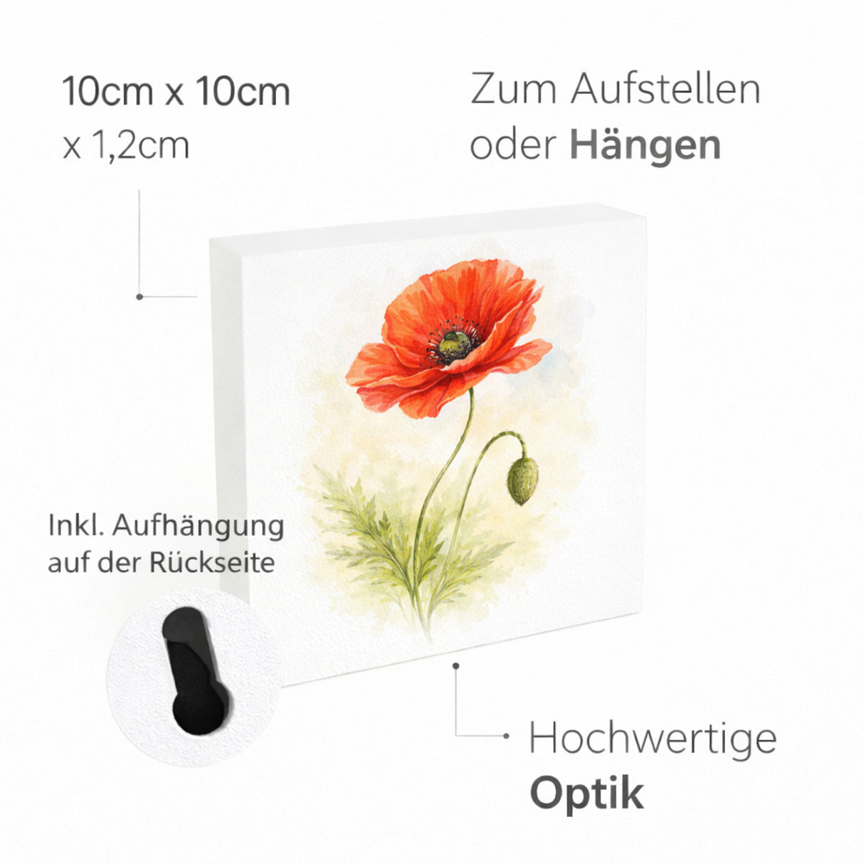 Blumen Freude Mohnblume Holzbild in 10x10 cm zum Stellen oder Aufhängen