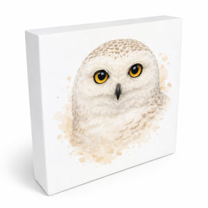 Schneeeulenzauber Schneeeulen Portrait Holzbild in 10x10 cm zum Stellen oder Aufhängen