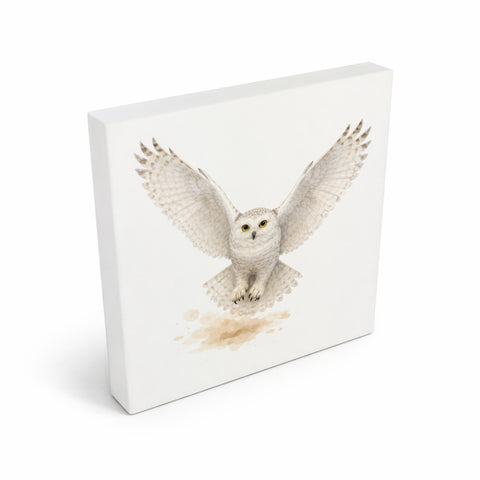 Schneeeulenzauber Schneeeule Flug Holzbild in 10x10 cm zum Stellen oder Aufhängen