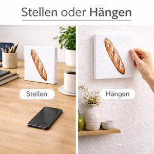 Mediterrane Schätze Baguette Brot Holzbild in 10x10 cm zum Stellen oder Aufhängen