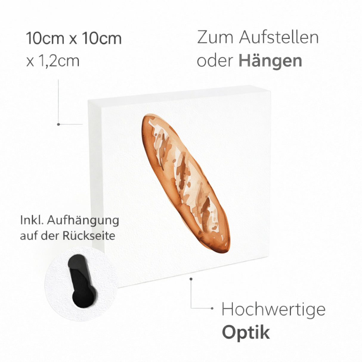 Mediterrane Schätze Baguette Brot Holzbild in 10x10 cm zum Stellen oder Aufhängen