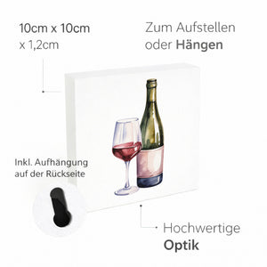 Mediterrane Schätze Weinflasche Glas Holzbild in 10x10 cm zum Stellen oder Aufhängen