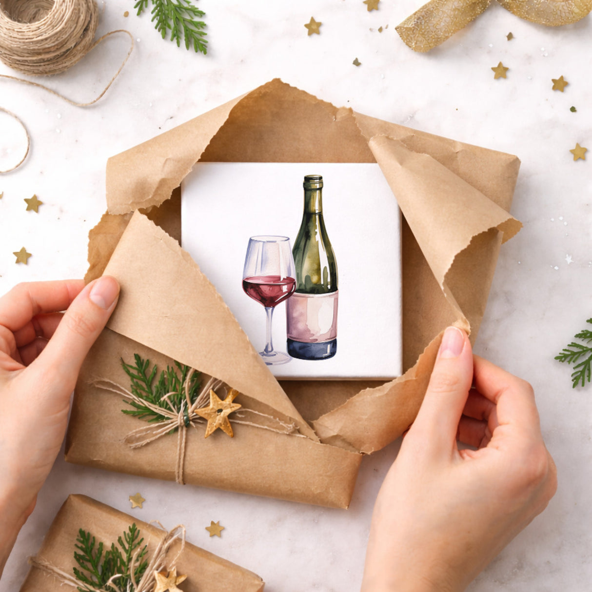 Mediterrane Schätze Weinflasche Glas Holzbild in 10x10 cm zum Stellen oder Aufhängen