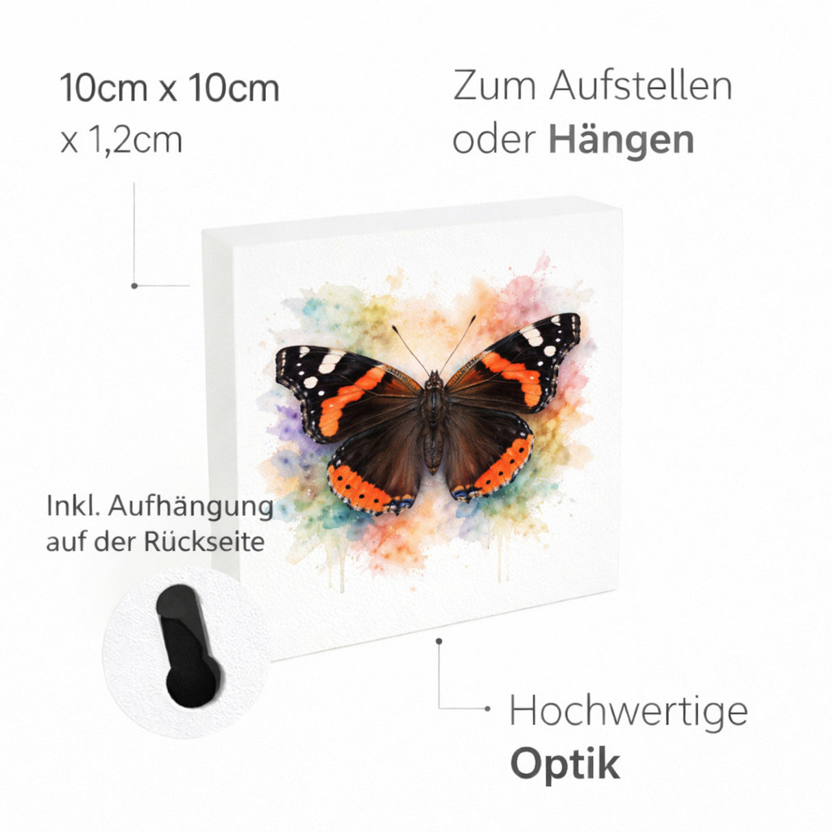 Schmetterlingszauber Admiral Holzbild in 10x10 cm zum Stellen oder Aufhängen