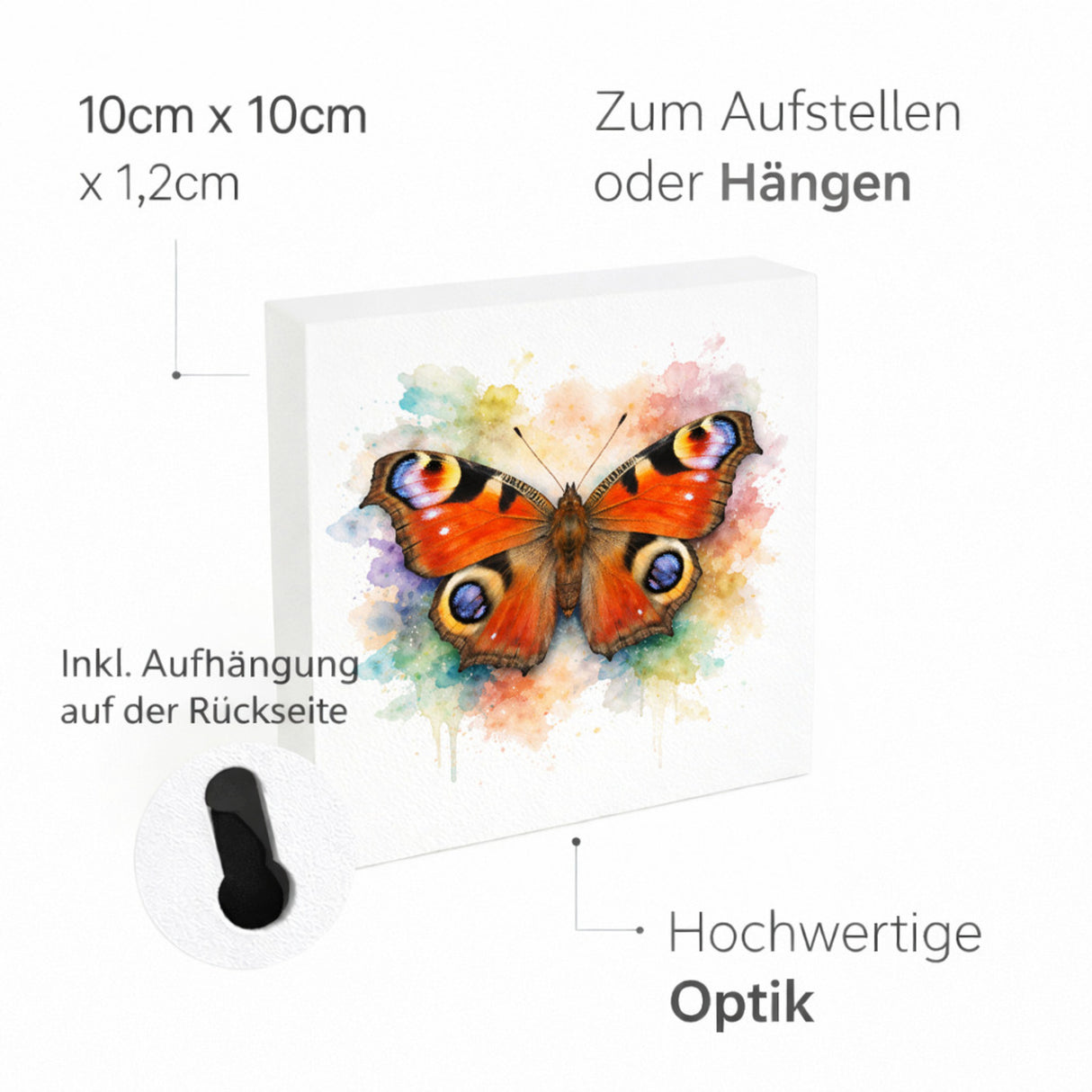 Schmetterlingszauber Tagpfauenauge Holzbild in 10x10 cm zum Stellen oder Aufhängen