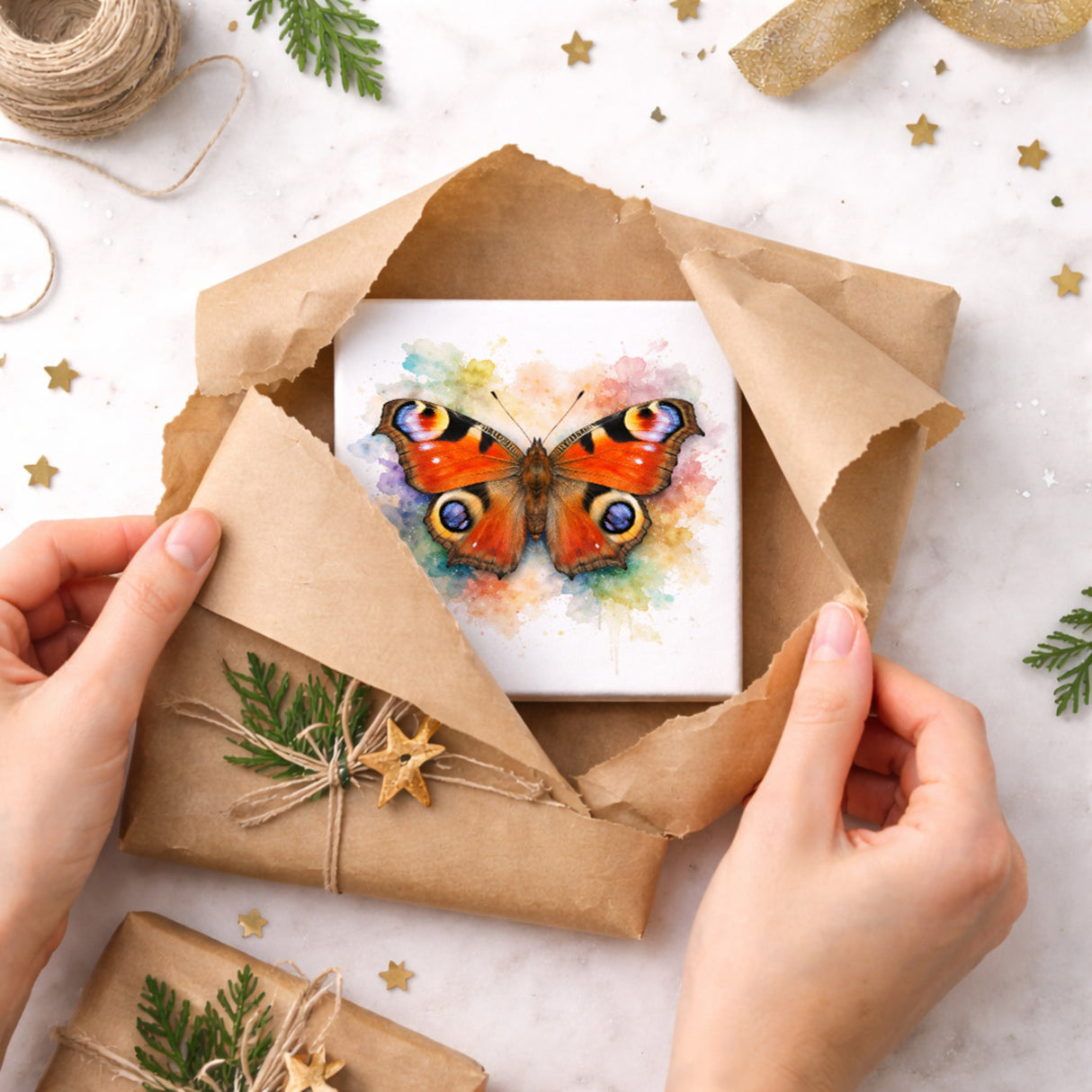 Schmetterlingszauber Tagpfauenauge Holzbild in 10x10 cm zum Stellen oder Aufhängen