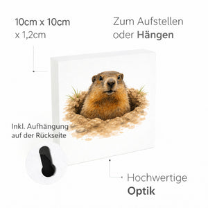 Murmeltier-Charm Murmeltier im Erdloch Holzbild in 10x10 cm zum Stellen oder Aufhängen