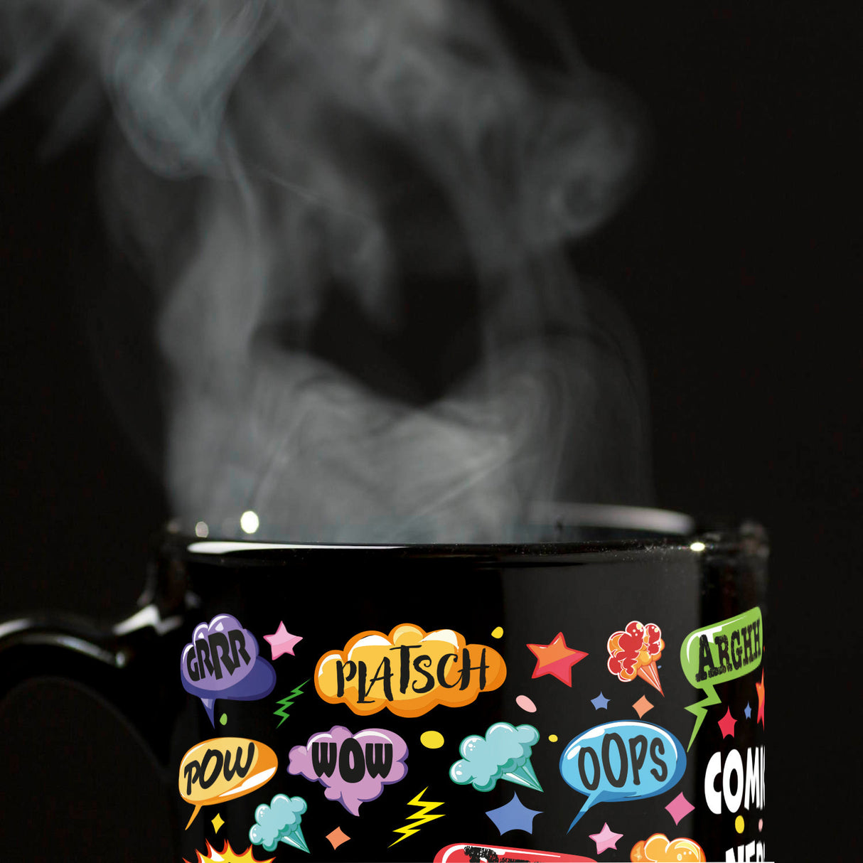 Comic Tasse in Schwarz mit Spruch: Comic sounds, coffee enthusiasts unite!