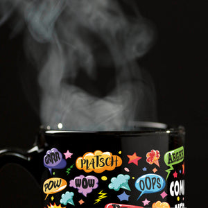 Comic Tasse in Schwarz mit Spruch: Comic sounds, coffee enthusiasts unite!
