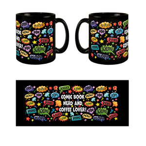 Comic Tasse in Schwarz mit Spruch: Comic sounds, coffee enthusiasts unite!