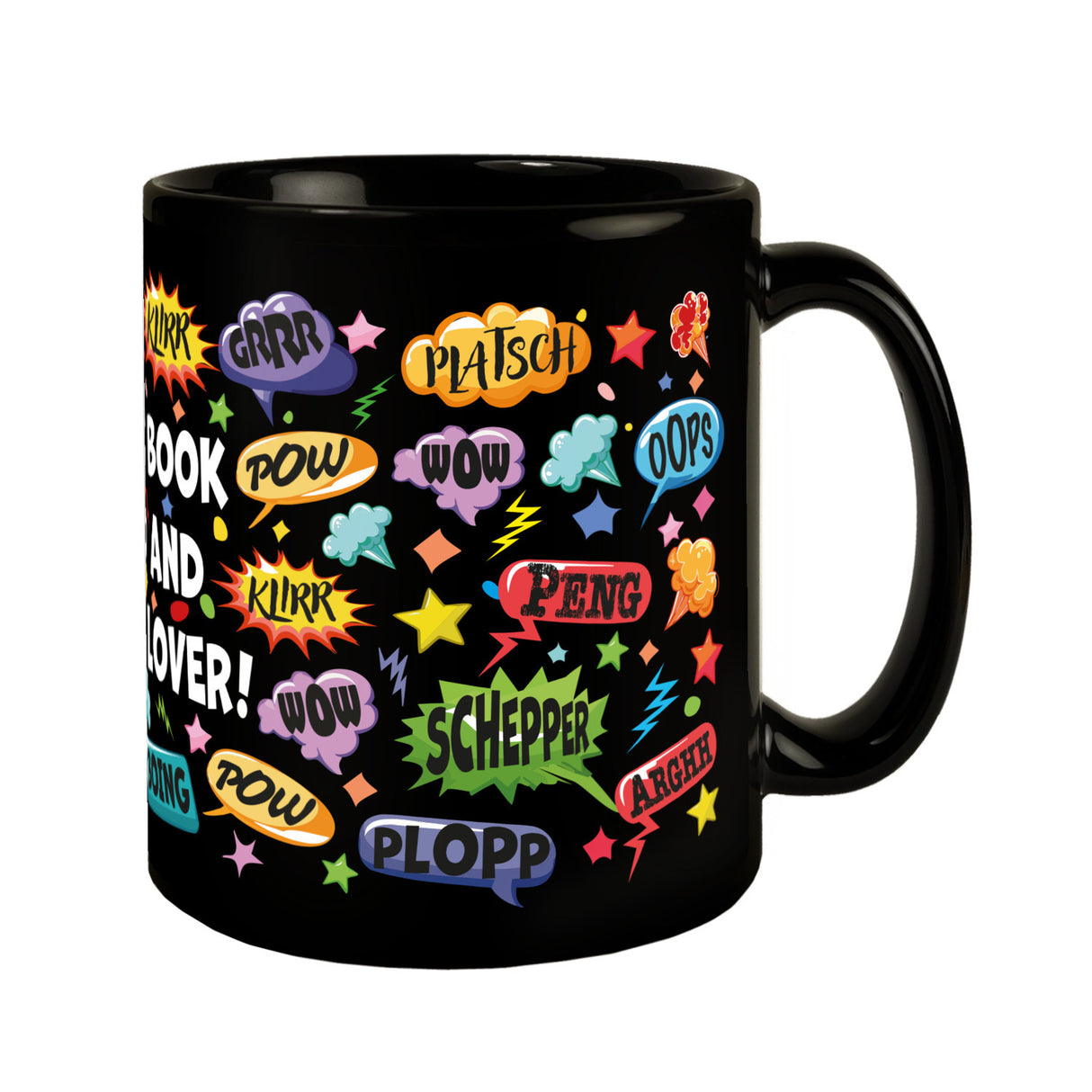Comic Tasse in Schwarz mit Spruch: Comic sounds, coffee enthusiasts unite!