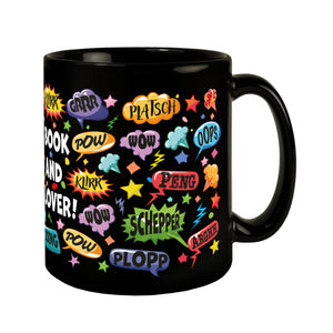 Comic Tasse in Schwarz mit Spruch: Comic sounds, coffee enthusiasts unite!