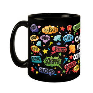 Comic Tasse in Schwarz mit Spruch: Comic sounds, coffee enthusiasts unite!
