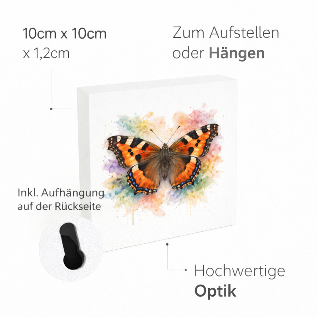 Schmetterlingszauber Kleiner Fuchs Holzbild in 10x10 cm zum Stellen oder Aufhängen